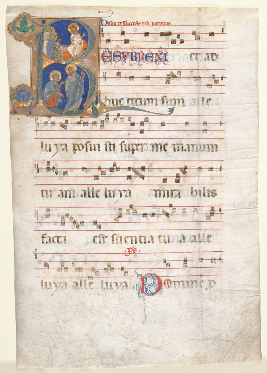 Folha de um Gradual: R Inicial com as Três Marias no Túmulo e Noli me Tangere, c. 1270-130 de Unbekannt