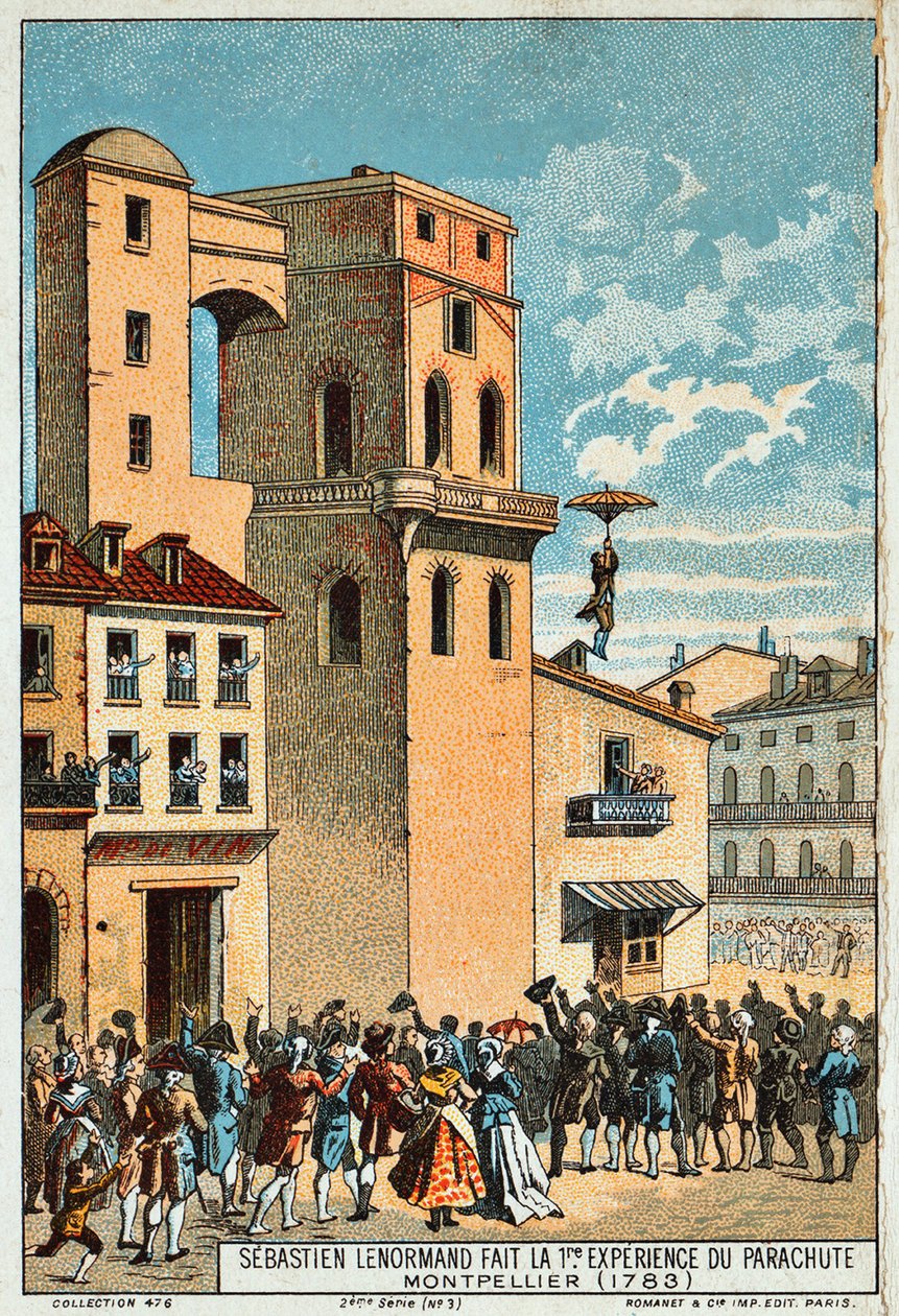 Lenormand salta da torre do observatório de Montpellier, 1783, século XIX de Unbekannt