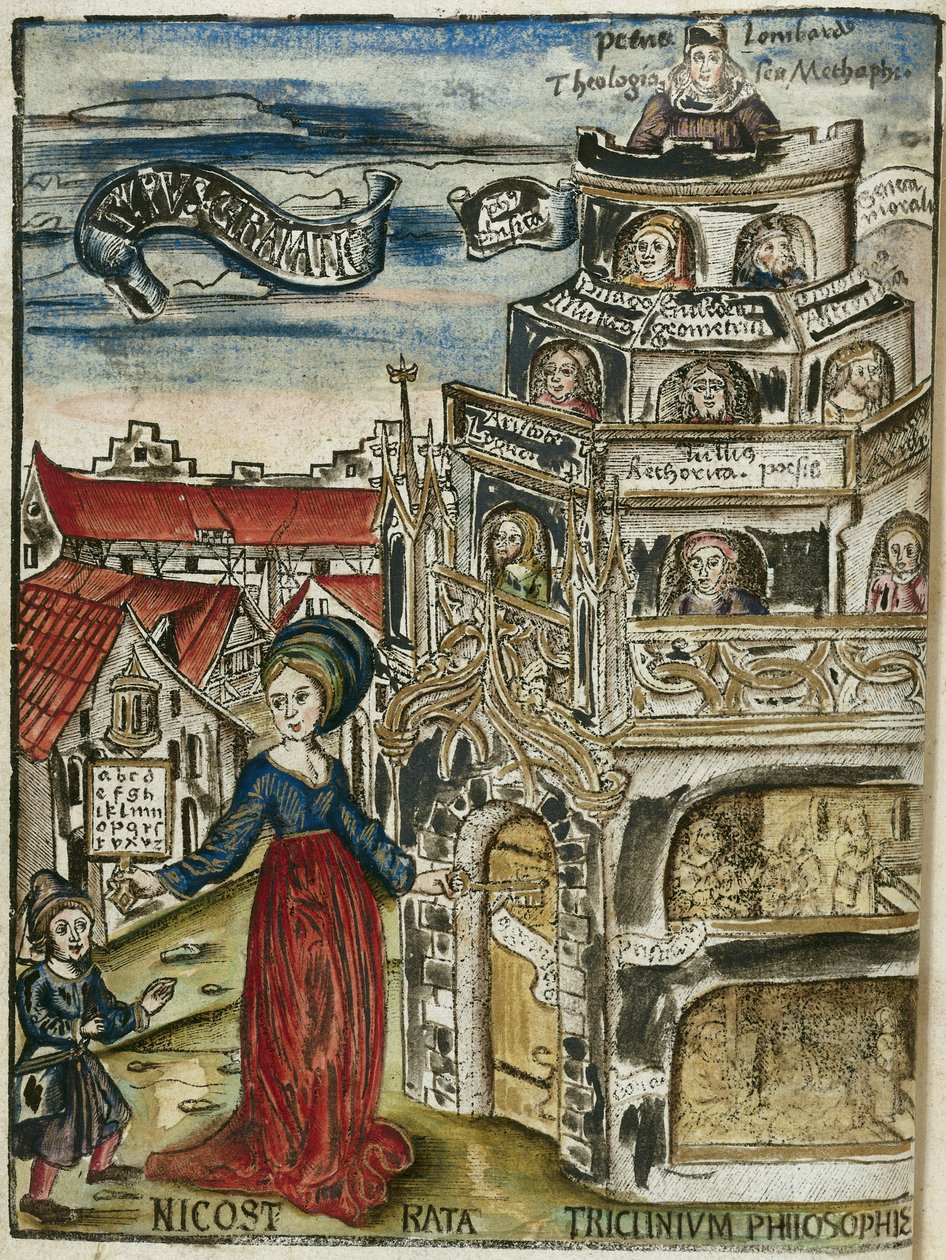 As artes liberais, gramática: Nicostrata (chamada Carmenta), segurando um livro de chifres, um manual de ensino (aqui, um abecedário) e uma chave, abrindo a porta da torre de aprendizagem para uma criança de Unbekannt