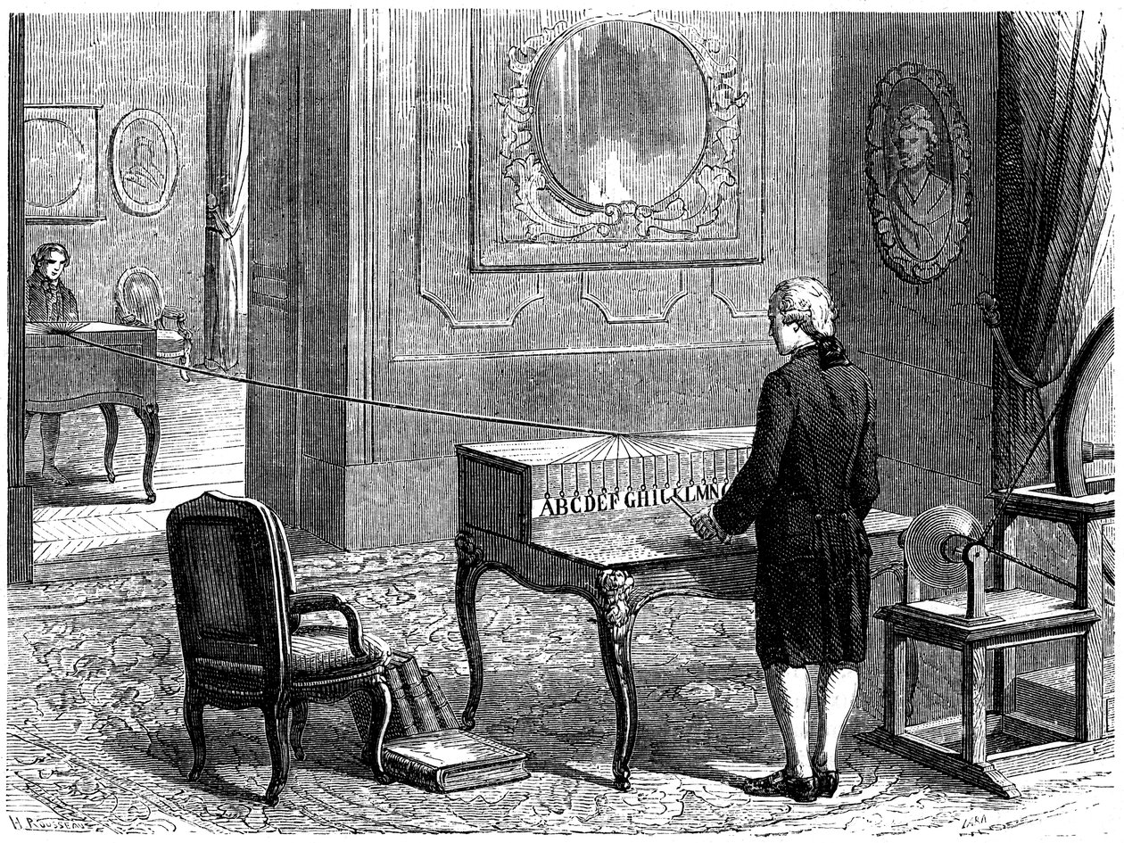 Lesage experimentando o primeiro telégrafo elétrico, Genebra, 1774 c1870 de Unbekannt