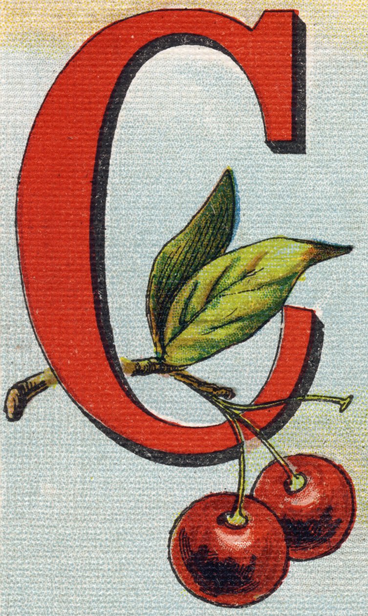 Letra C: cerejas. Gravura em "Alfabeto de ma petite fille". Bernardin-Bechet e Fils, livreiro-editores, Paris, por volta de 1895. Álbum inquebrável em lona. Bibliotheque des Bebes. 12 páginas. Álbum contendo um método de leitura e um abece ilustrativo. de Unbekannt