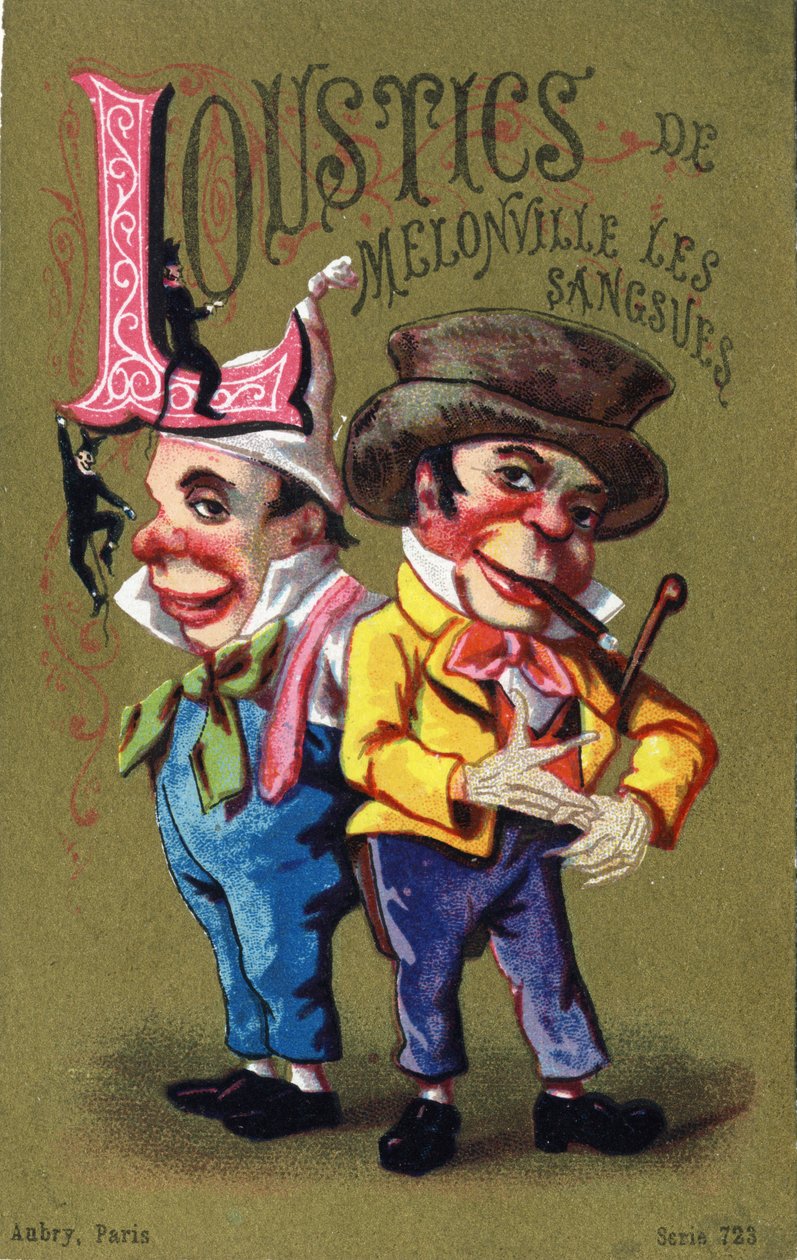Carta L: Sanguessugas Melonville Loustics. Gravura em "Alfabeto dos grotescos". Série de 25 cromolitógrafos publicitários sobre um fundo de dorso, finais do século XIX. Dim: 11x 7 cm de Unbekannt