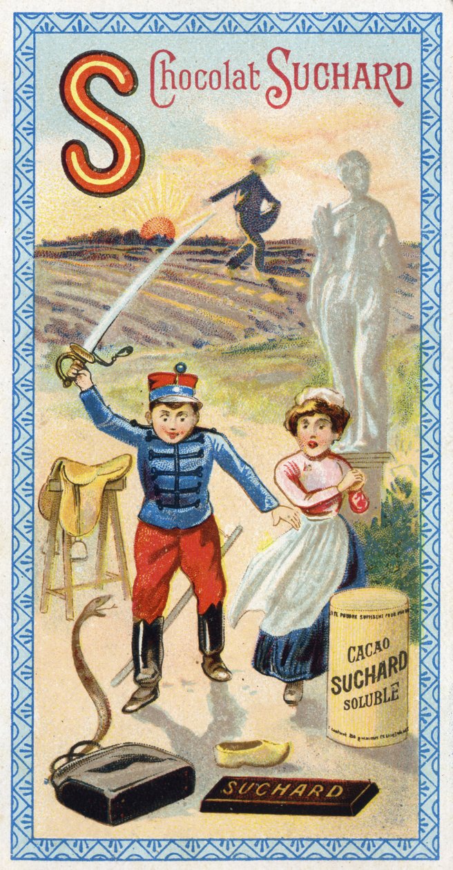 Carta S: sol, semeador, semeador, servo, estupefação, soldado, espada, sela, cobra, estátua, casco, saco. Gravura do Alfabeto editada por Chocolat Suchard, início do século XX. 24 cromolitógrafos representando lugares, personagens e objetos para de Unbekannt