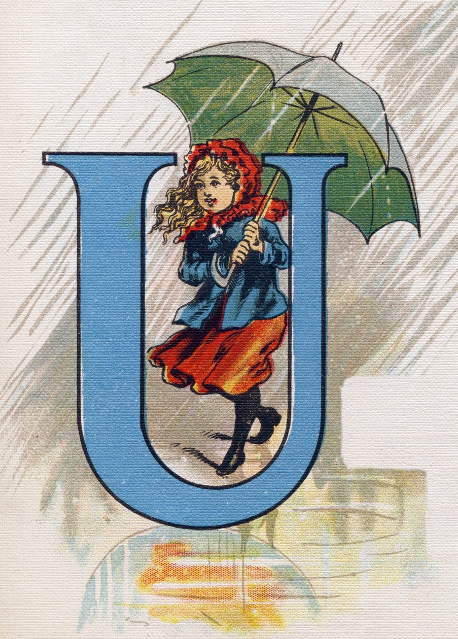Carta U: Úrsula na chuva com um guarda-chuva. Gravura em "ABC L
