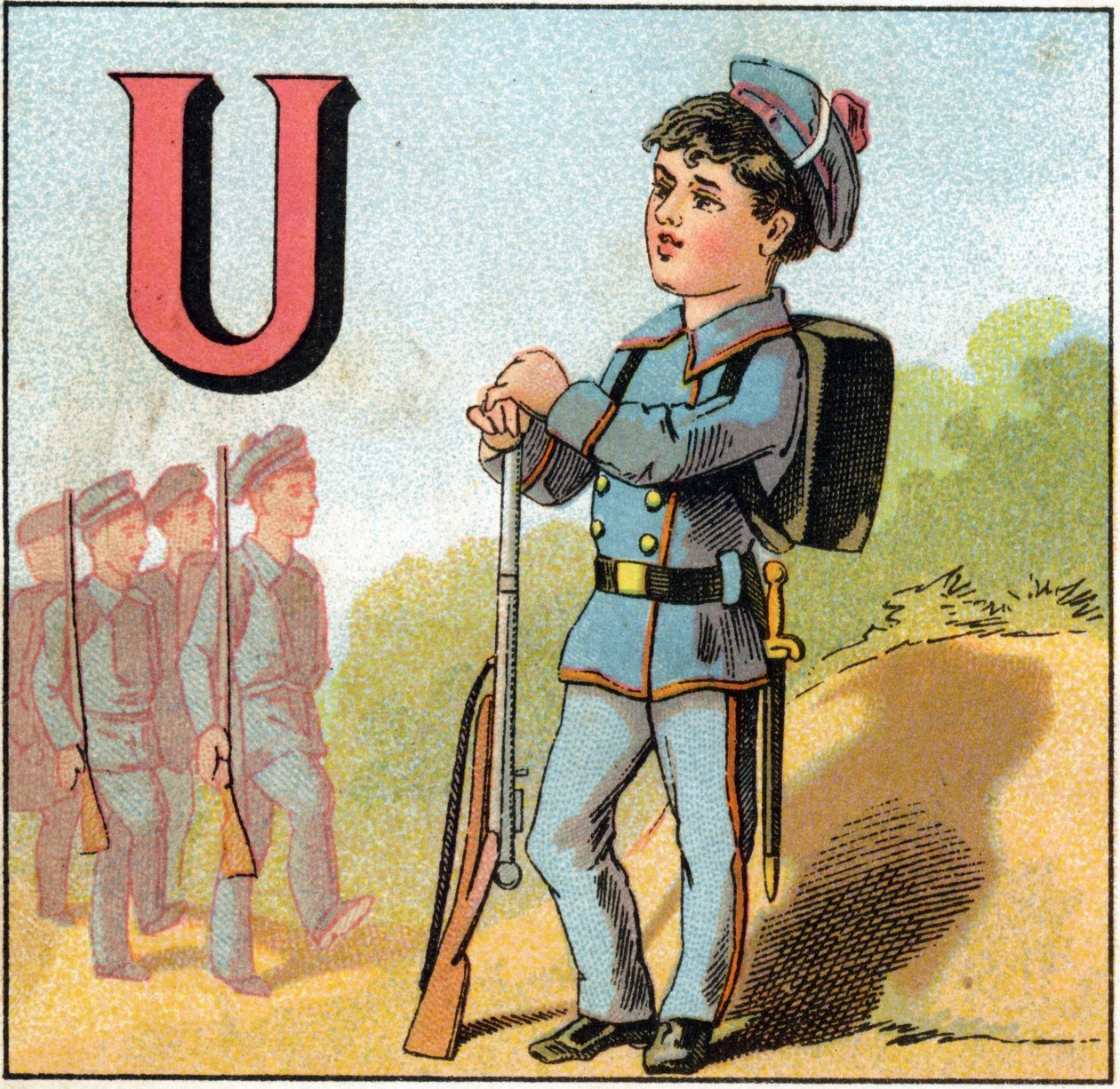 Carta U como uniforme. Um estudante de fato militar com uma espingarda. Gravura em "Alfabeto dos petits ecoliers". Imagem de Epinal, por volta de 1885. Coleção Privee de Unbekannt