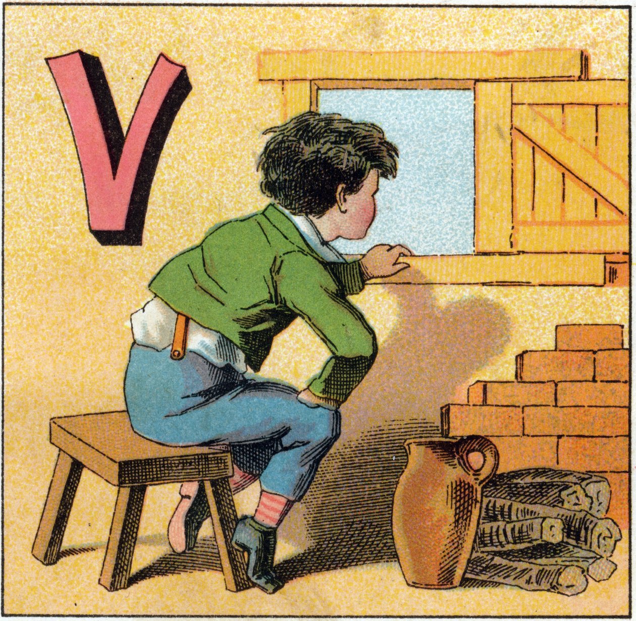Carta V como vasistas. Uma criança curiosa a olhar pela janela. Gravura no "Alfabeto dos petits ecoliers". Imaging of Epinal, cerca de 1885. Coleção Privee de Unbekannt