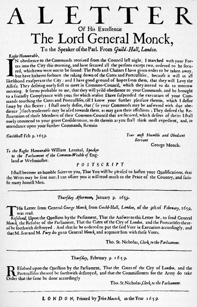 Carta do General Monck ao Presidente da Câmara dos Comuns, 1659 1903 de Unbekannt