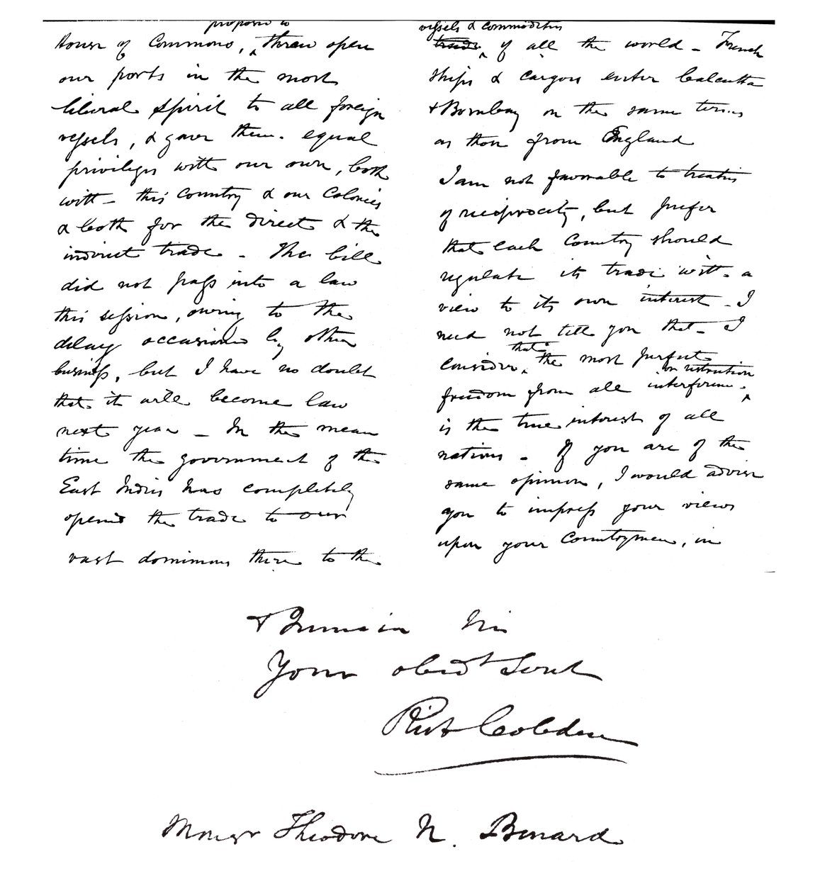 Carta de Richard Cobden a Theodore Benard sobre a importância do livre comércio entre todas as nações de Unbekannt