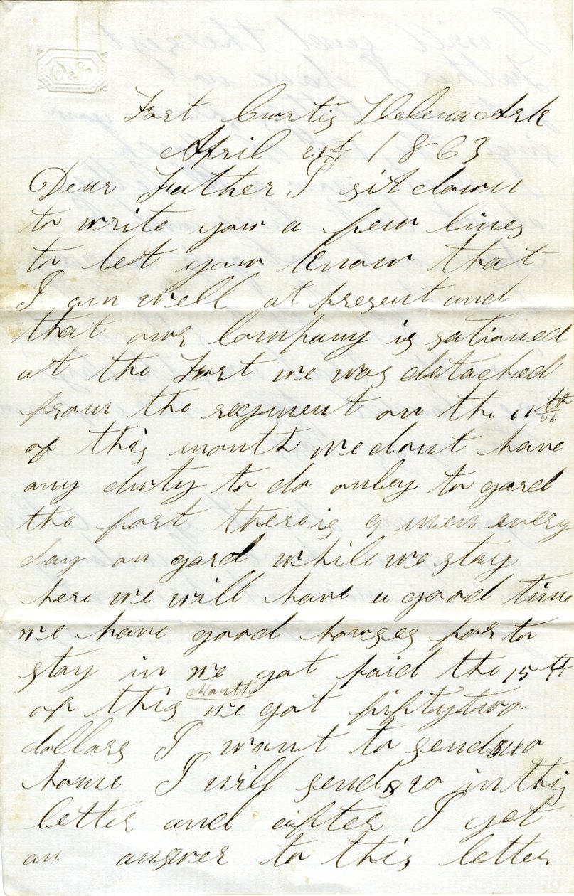 Carta assinada por David T. Massey, Fort Curtis, Helena, Ark., ao seu pai (Nathan Massey), 21 de Abril de 1863 de Unbekannt