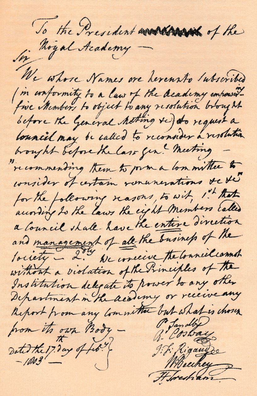 Carta a Benjamin West, Presidente da Academia Real, 1803 1904 de Unbekannt