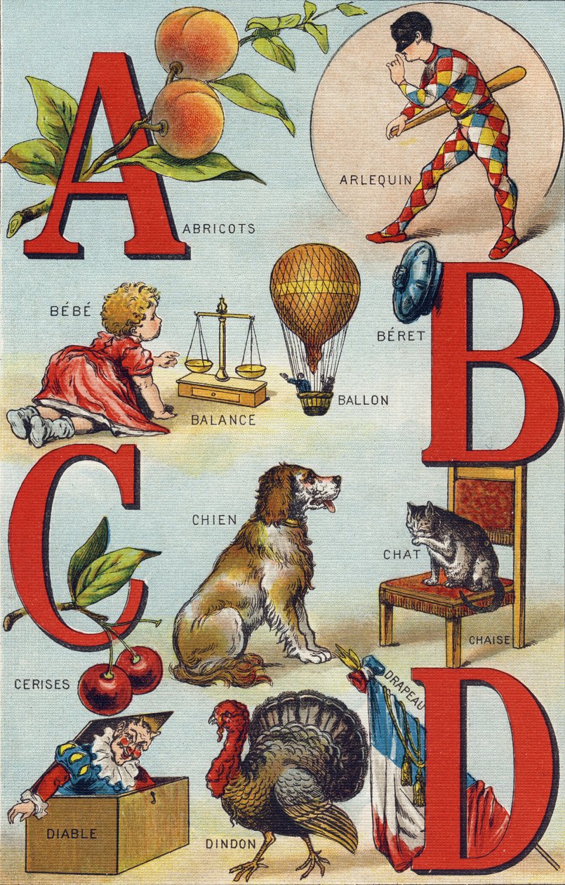 Letras A B C D; Damascos; Arlequim; Balão; Bebe; Cerejas; Cadeira de Gato; Cão; Cobertor; Diabo; Turquia; Bandeira. Gravura em "Alfabeto de ma petite fille". Bernardin-Bechet e Fils, livreiro-editores, Paris, por volta de 1895. Álbum inquebrável em lata de Unbekannt