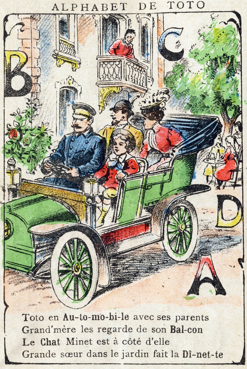 Cartas A B C D D Car Balcony Cat Dinette. Gravura em "Alfabeto de Toto", final do século XIX. Imagem em "Pont-a-Mousson". Louis Vagne, impressora-editor. 12 páginas. Álbum publicitário contendo um ilustre abecedário e um método de leitura simplificado. Dim de Unbekannt