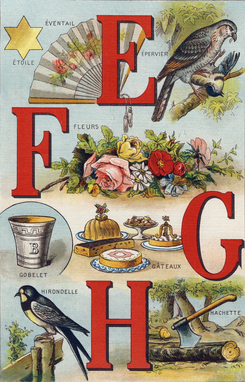 Letras E F G H; Andorinha; Ventilador; Flores; Bolos; Taça; Hachette; Andorinha. Gravura em "Alfabeto de ma petite fille". Bernardin-Bechet e Fils, livreiro-editores, Paris, por volta de 1895. Álbum inquebrável em lona. Bibliotheque des Bebes. 12 páginas.  de Unbekannt