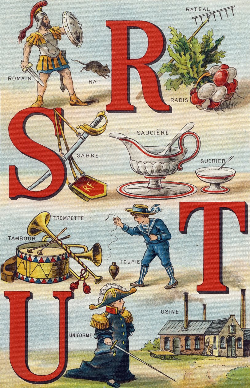 Cartas R S T U; Rabanete; Romano; Sabre; Açúcar Sauciere; Trompete; Top; Uniforme; Fábrica. Gravura em "Alfabeto de ma petite fille". Bernardin-Bechet e Fils, livreiro-editores, Paris, por volta de 1895. Álbum inquebrável em lona. Bibliotheque des de Unbekannt