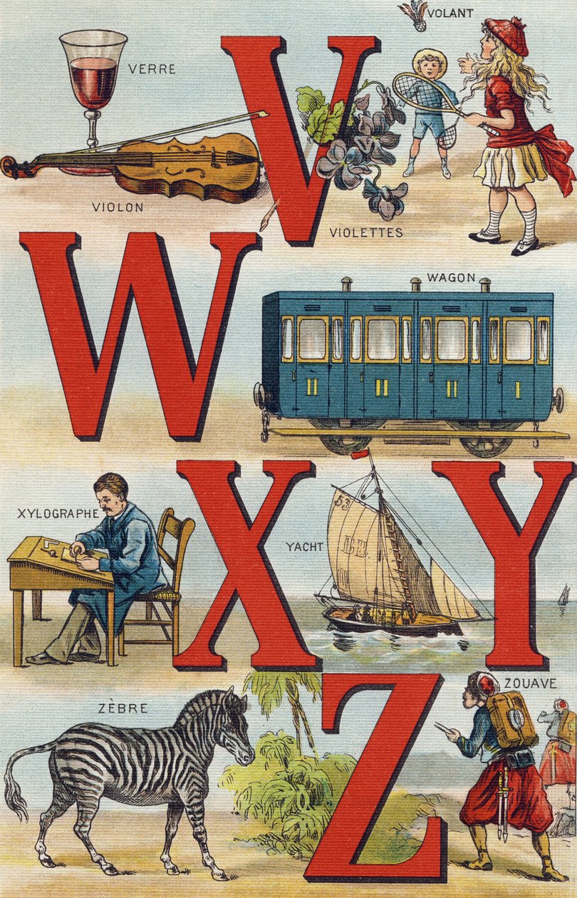 Cartas V W X Y Z; Volante; Vagão; Xilógrafo; Iate; Zebra; Zouave. Gravura em "Alfabeto de ma petite fille". Bernardin-Bechet e Fils, livreiro-editores, Paris, por volta de 1895. Álbum inquebrável em lona. Bibliotheque des Bebes. 12 páginas. Albu de Unbekannt