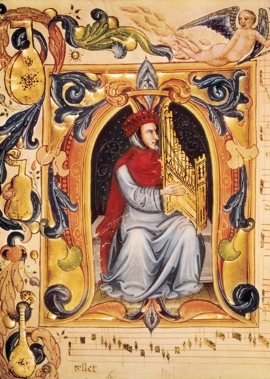 Lettrina com um homem e um órgão iniciando uma partitura do Codex Squarcialupi (por Antonio Squarcialupi de Unbekannt