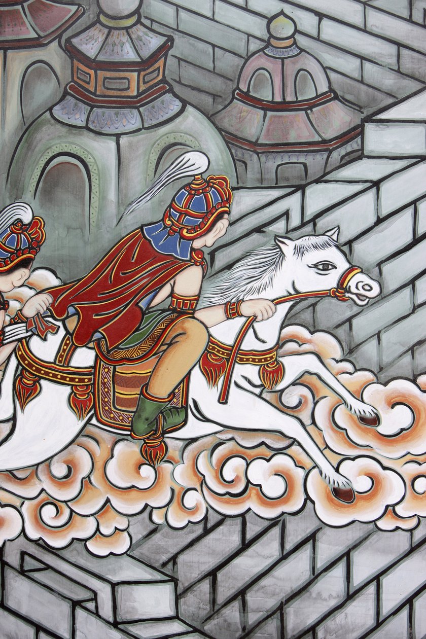 A vida de Buda Siddhartha escapou de seu palácio, acompanhado por Channa a bordo de seu cavalo Kanthaka, Seul, Coree du Sud de Unbekannt