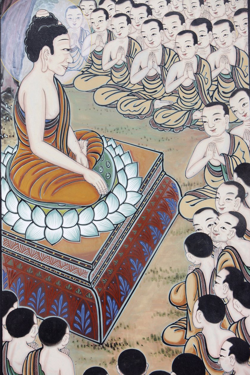 Vida de Buda O Buda ganhou muitos seguidoresEm uma ocasião, 1250 monges se reuniram espontaneamente para ouvir seus ensinamentos (Este dia é comemorado como um feriado nos países budistas), Seul, Coree du Sud de Unbekannt