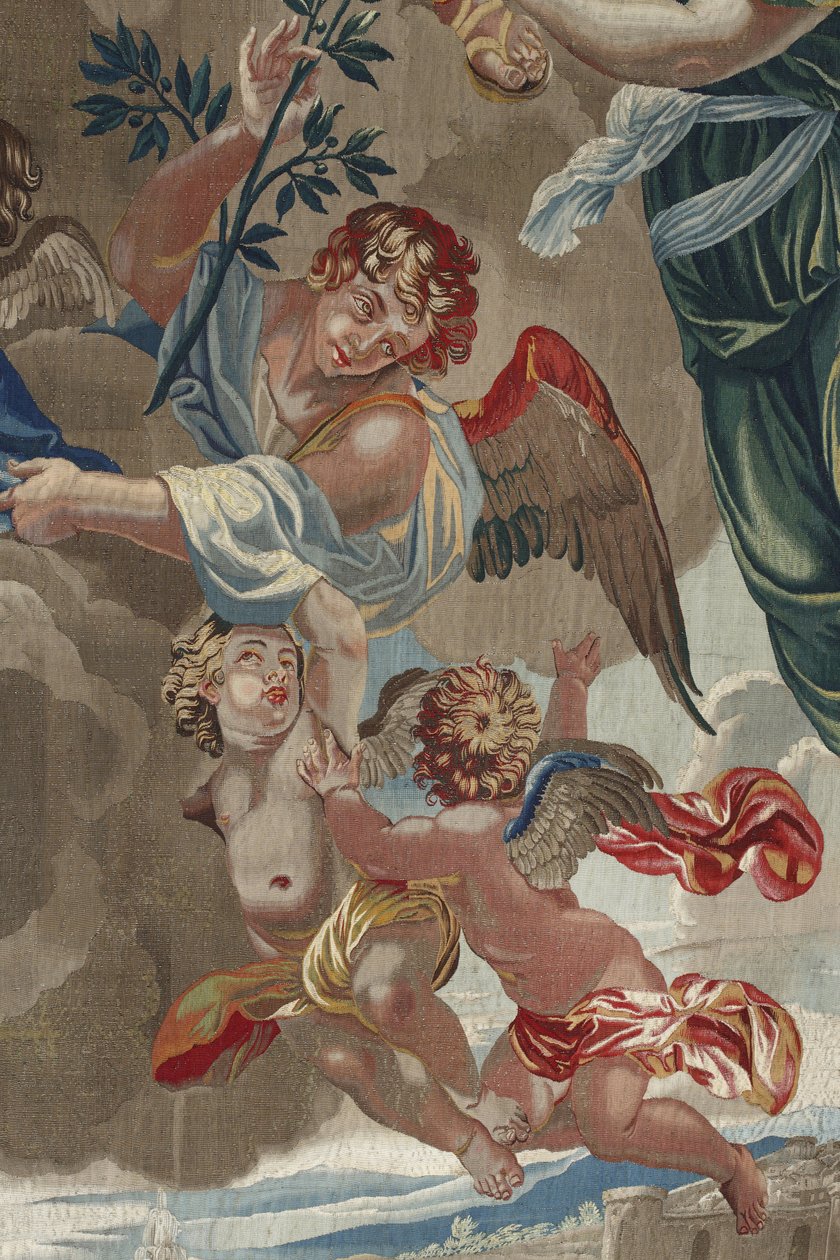 A vida da Virgem: "A Coroação da Virgem". (Coroação da Virgem) Detalhe de anjos Tapeçaria de lã e seda feita na oficina de Pierre Damour a partir dos desenhos de Charles Poerson (1609-1667) de Unbekannt