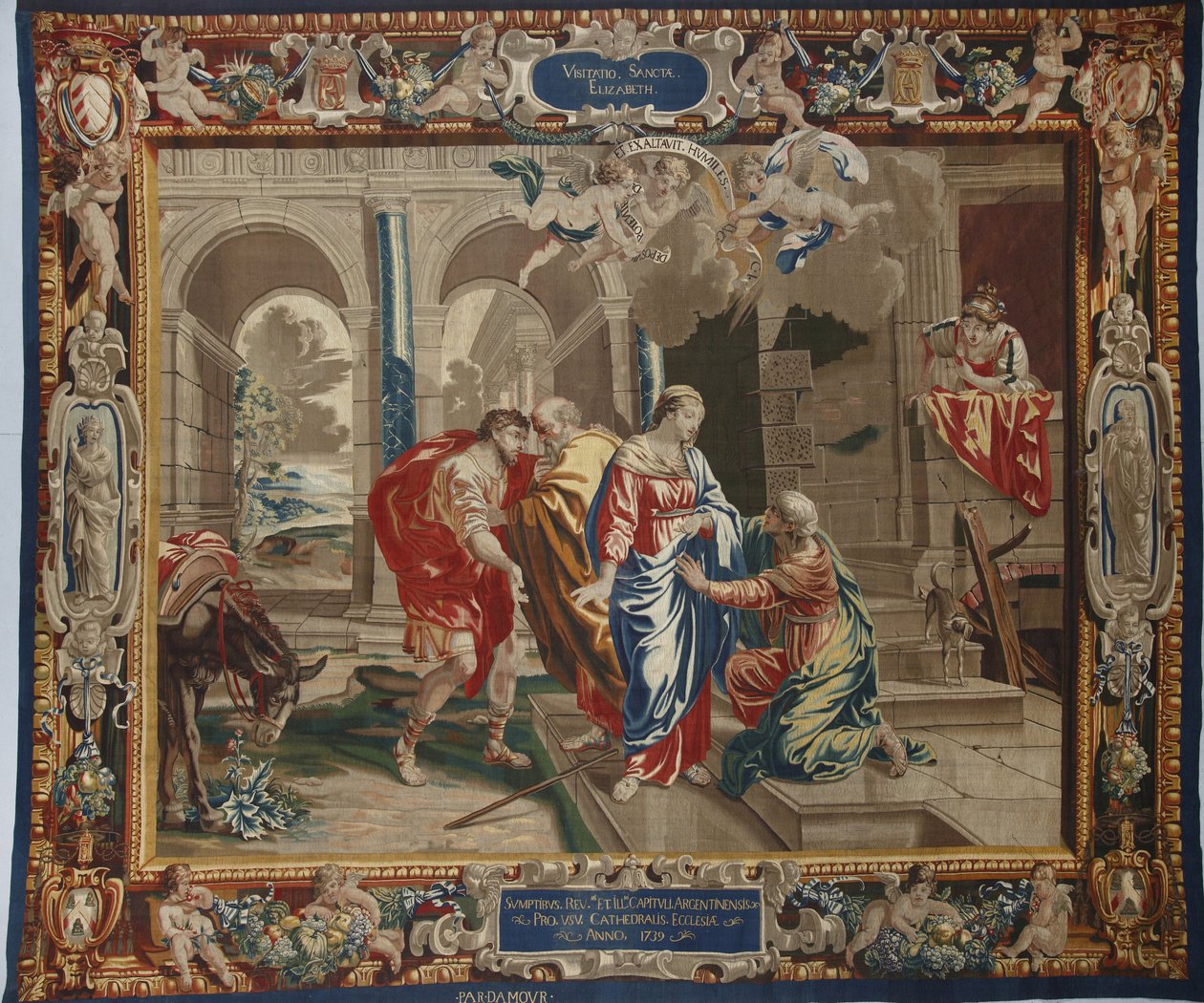 A vida da Virgem: "A Visitação" a visita de Maria a Isabel, José e Zacharie atrás deles - Tapeçaria de lã e seda feita na oficina de Pierre Damour depois dos desenhos de Charles Poerson (1609-1667) de Unbekannt