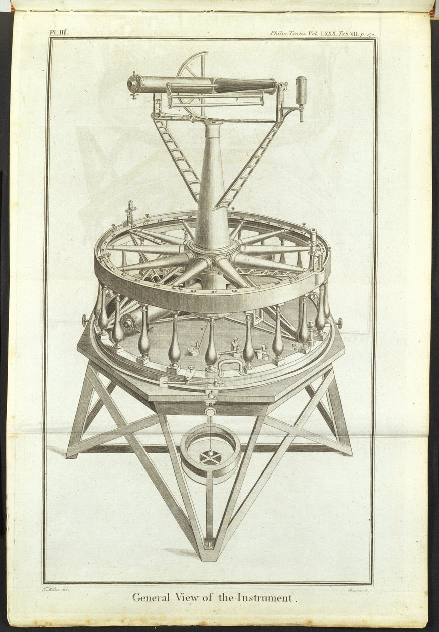 Gravura em linha do primeiro grande teodélito Gravura em linha do primeiro grande teodélito (círculo horizontal de 3 pés) retratado nas Transacções Filosóficas da Royal Society Vol de Unbekannt