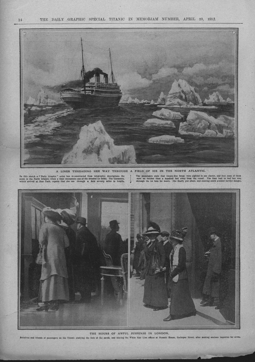 Forro em um campo de gelo e pessoas aguardando notícias do desastre do Titanic, em 20 de abril de 1912. de Unbekannt