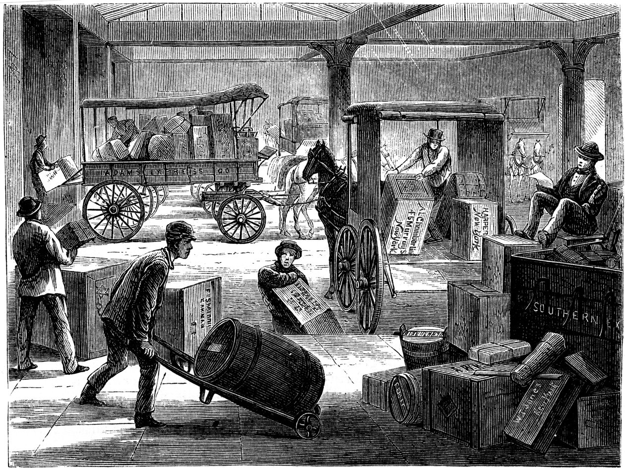 Carregando vans puxadas a cavalo no escritório geral do Wells Fargo, Nova York, EUA, 1875 de Unbekannt