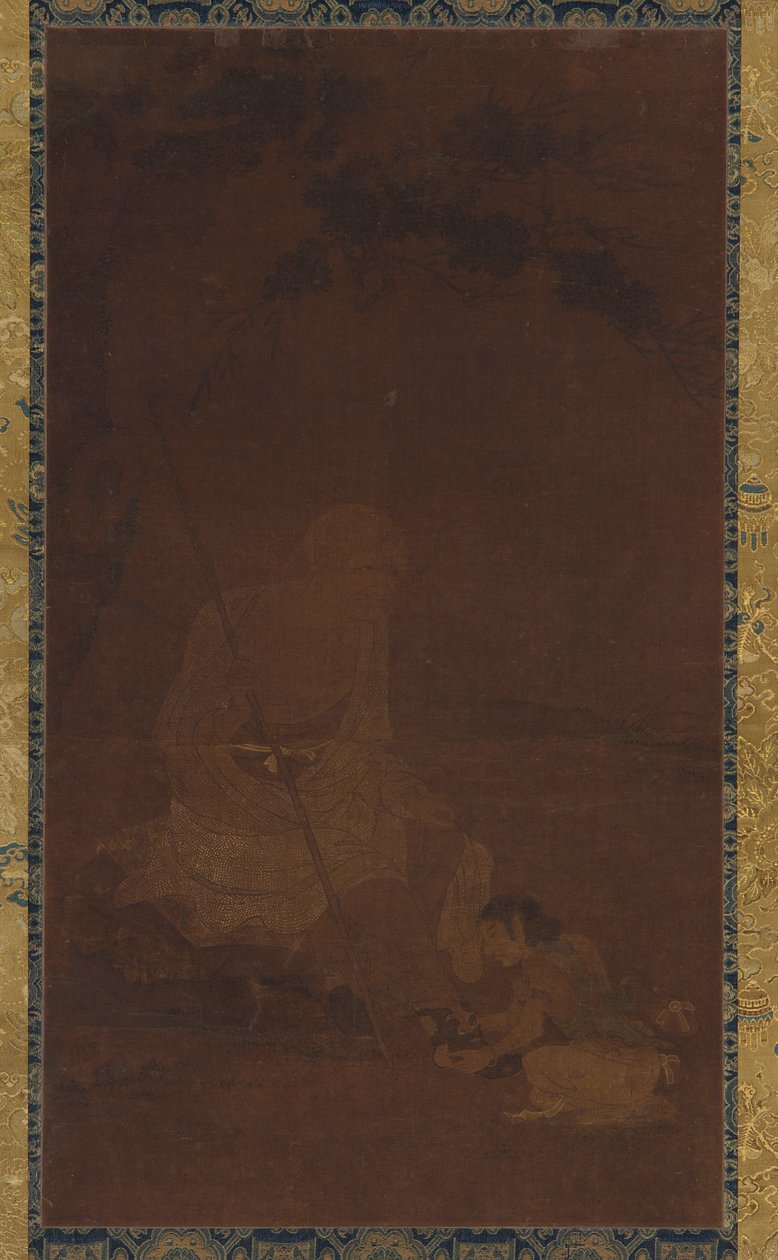 Lohan sentado, um atendente ajoelhado diante dele, dinastia Yuan ou Ming, 1279-1644. de Unbekannt