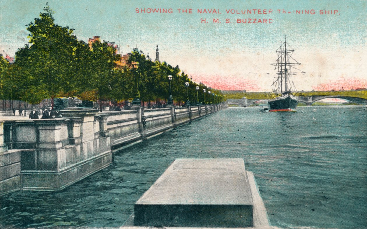 Londres, aterro do Tamisa - mostrando o navio de treinamento voluntário naval, HMS Buzzard, 1907 de Unbekannt