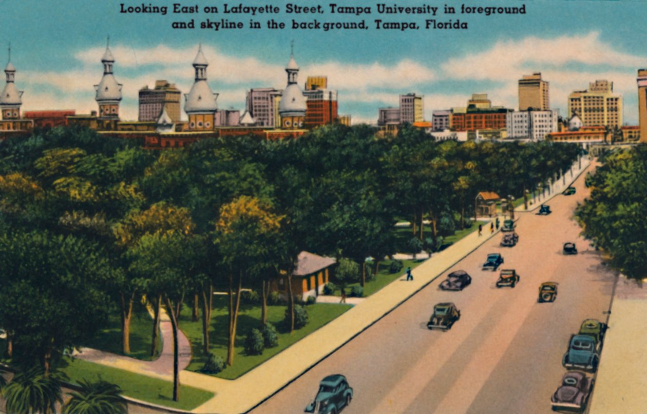 Olhando para o leste na Lafayette Street, Tampa University e skyline, Tampa, Flórida, c1940s de Unbekannt