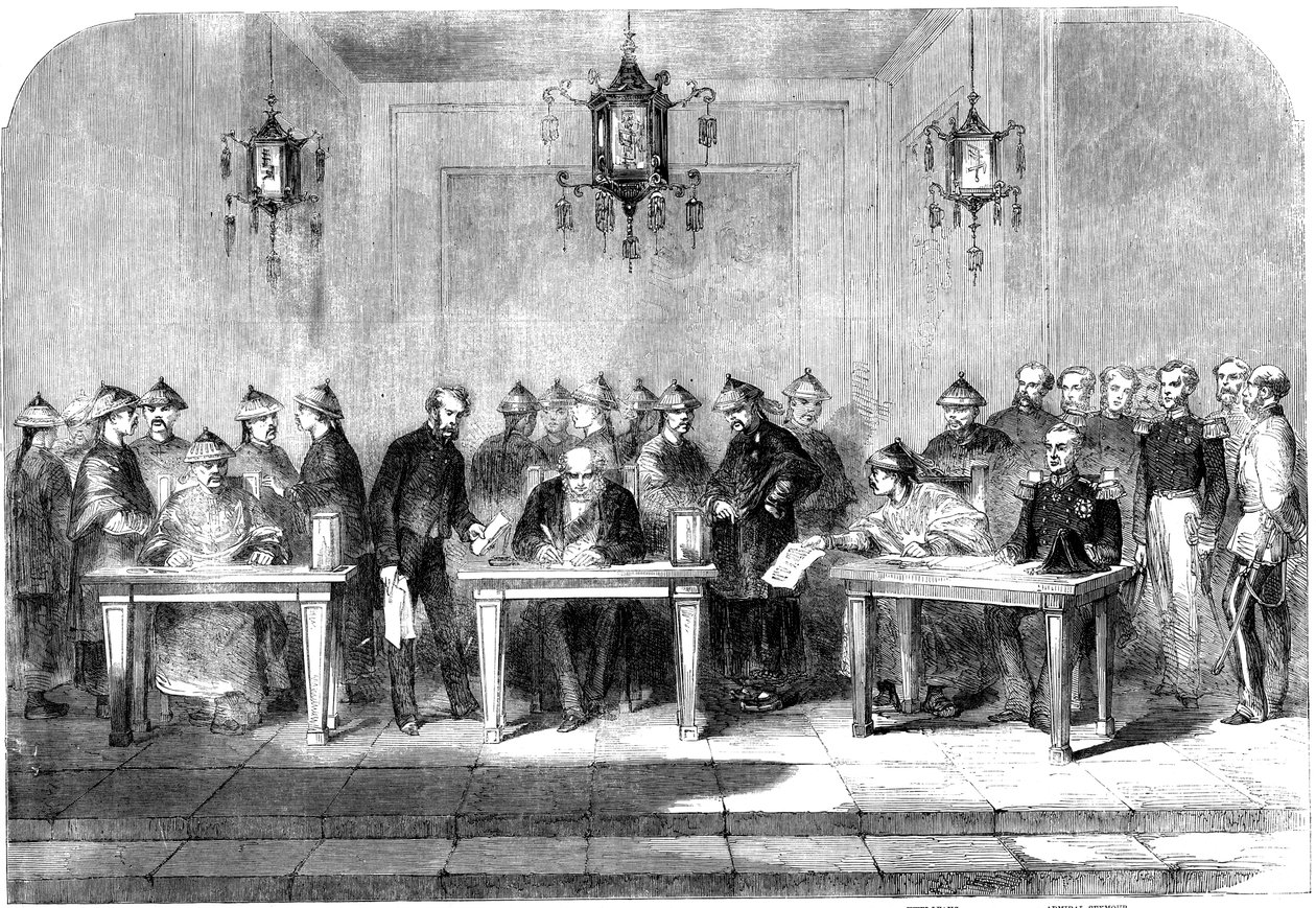 Lord Elgin, assinando o Tratado de Tainjin para encerrar a Segunda Guerra do Ópio, 1858 de Unbekannt