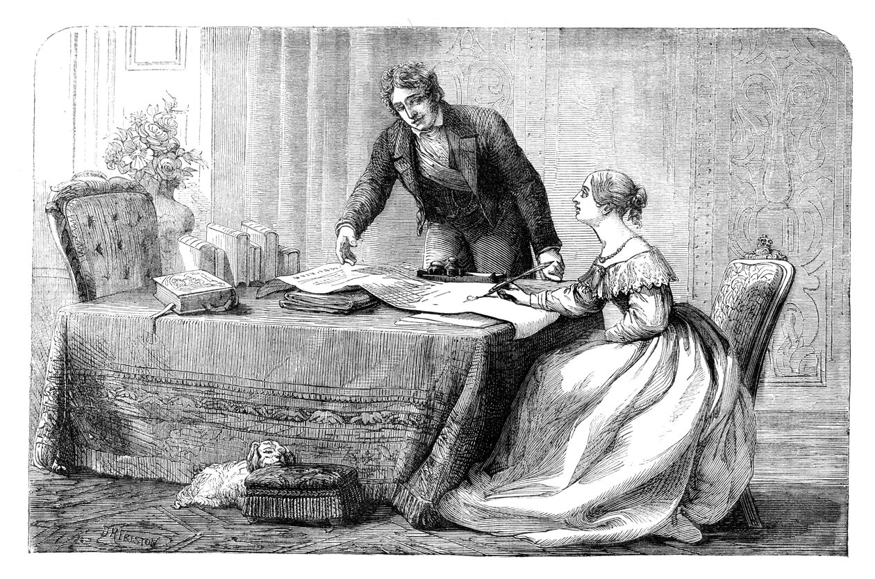 Lord Melbourne 1779-1848 instruindo uma jovem rainha Victoria 1819-1901, 1837 c1895 de Unbekannt