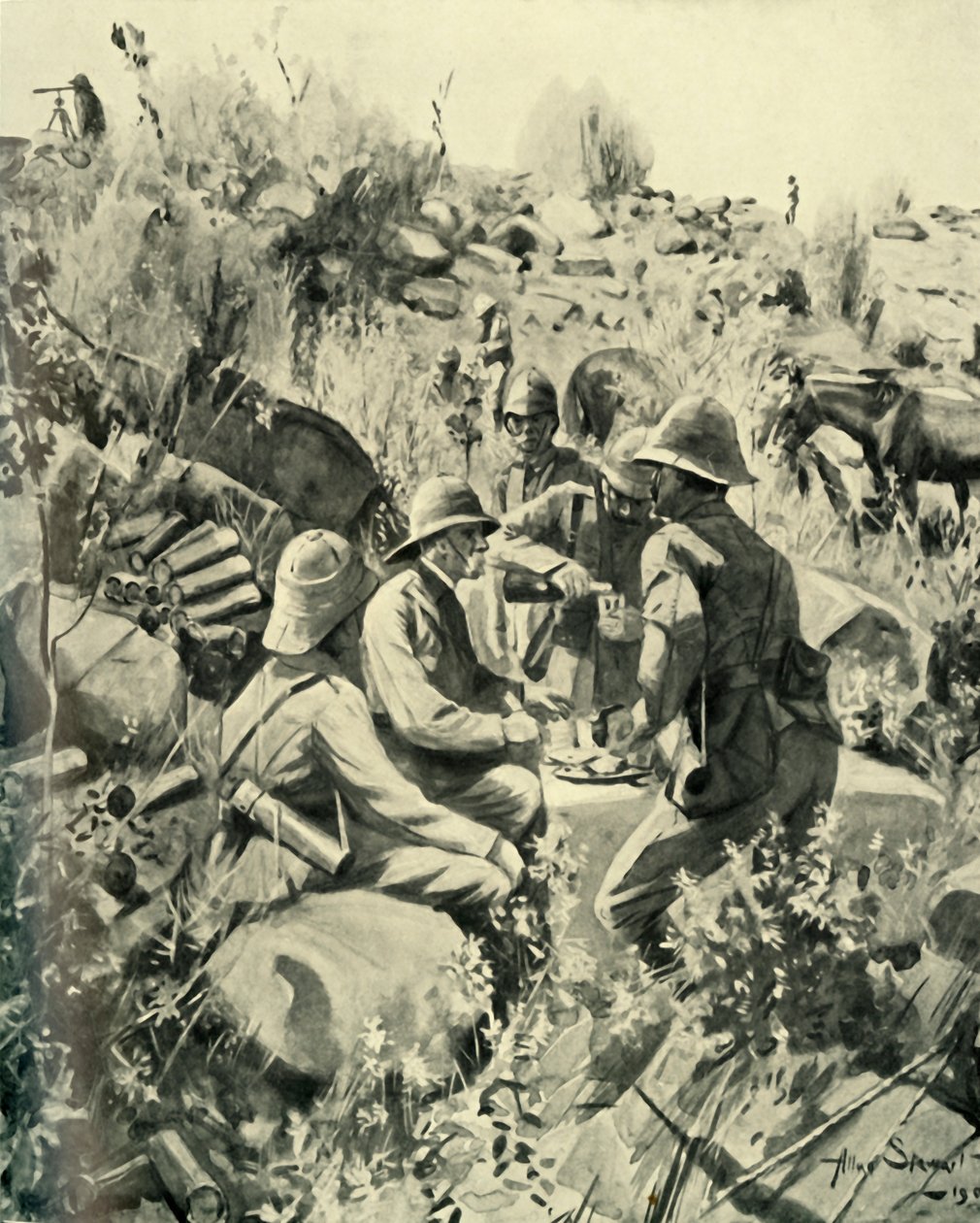 Lord Roberts e funcionários no almoço no Veldt, 1901. de Unbekannt