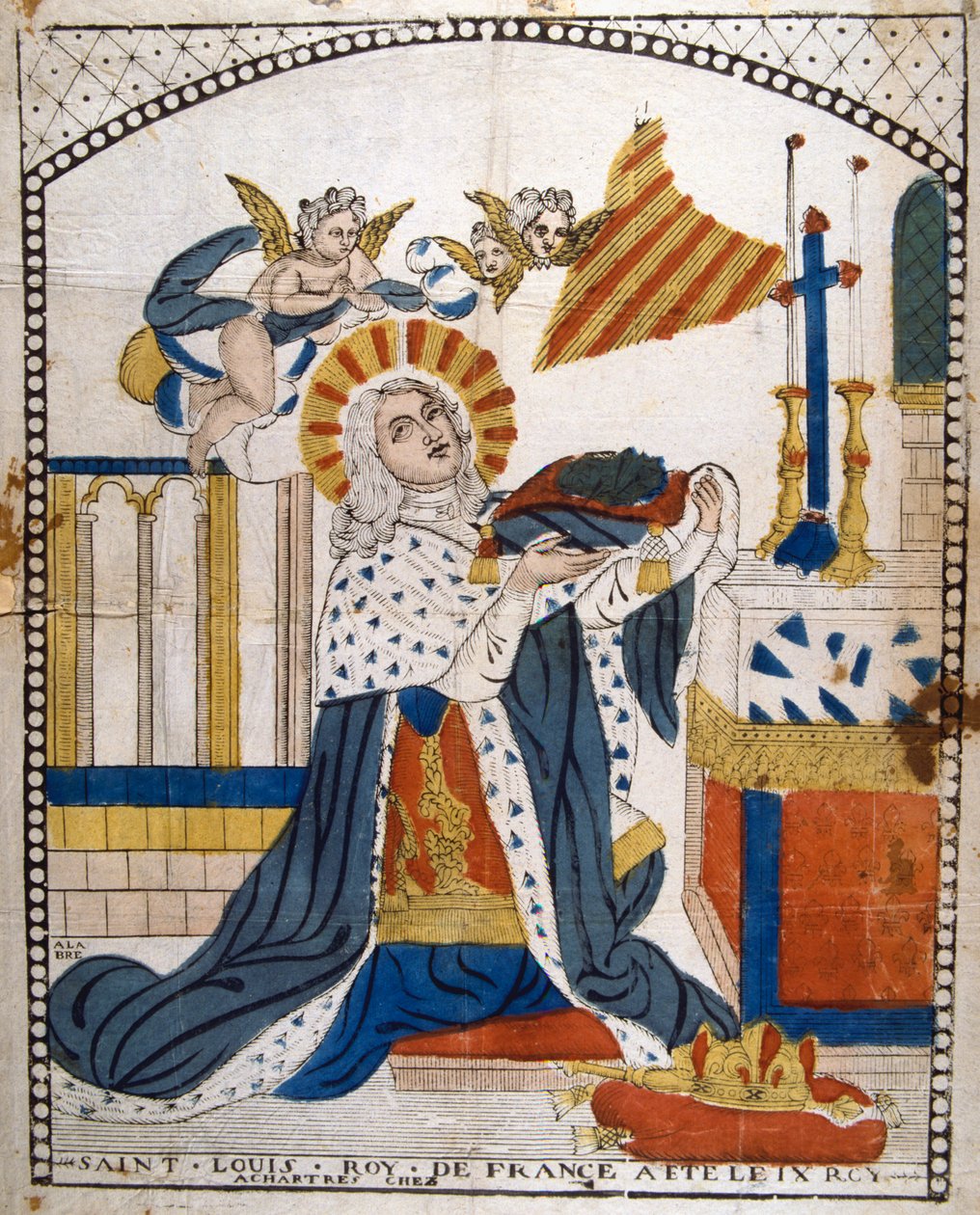 Luís IX, rei da França, na Catedral de Chartres, em suas vestes de coroação, 1226, século XIX de Unbekannt