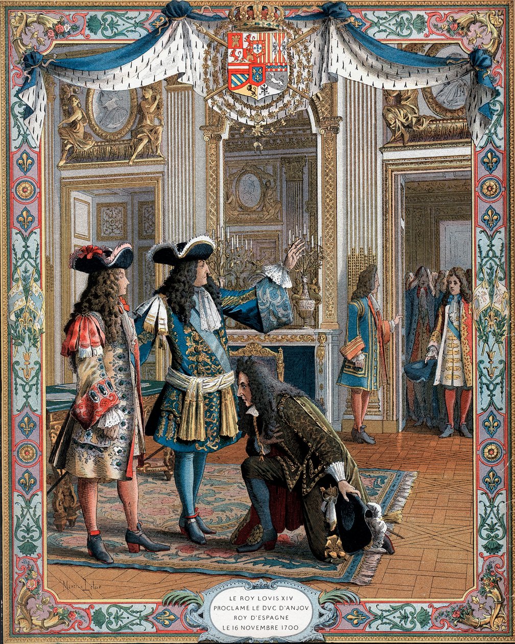 Luís XIV proclamando o duque Anjou Rei da Espanha, Guerra de Sucessão, 1700 Século XIX de Unbekannt