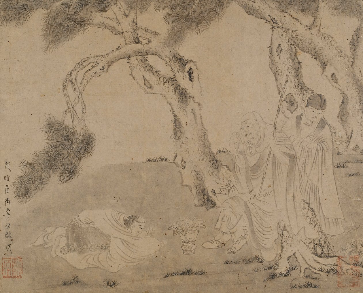 Luohan, atendente e adorador sob pinheiros, dinastia Yuan ou Ming, 1279-1644. de Unbekannt