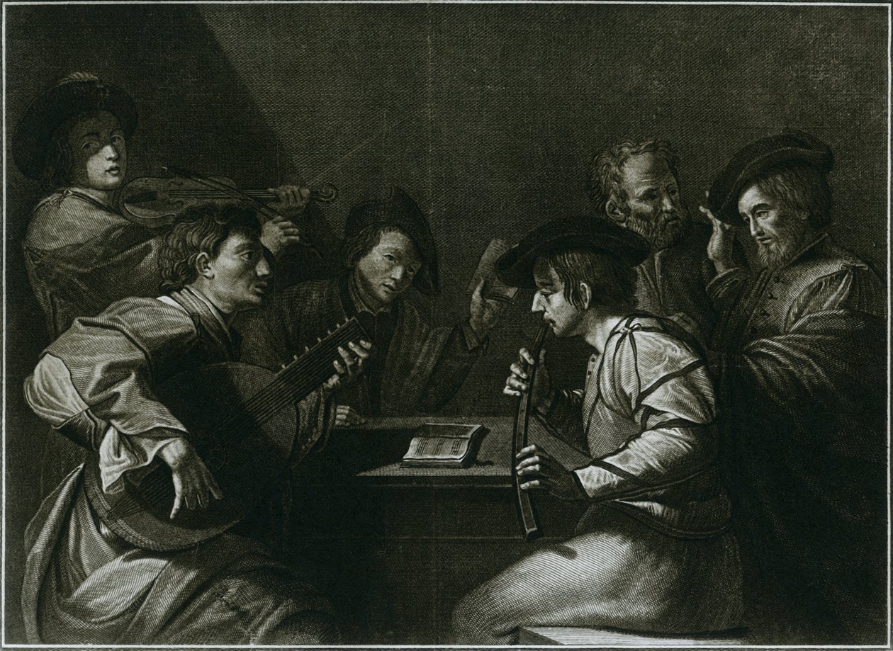 Alaúde, violino e zink preto, gravura italiana do ano 1784, 1948 de Unbekannt