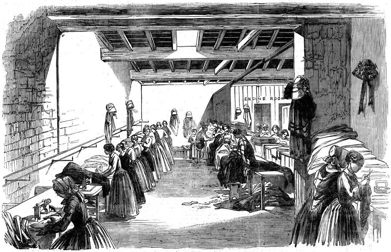 Sala de máquinas em uma fábrica de costura a vapor, 1854 de Unbekannt