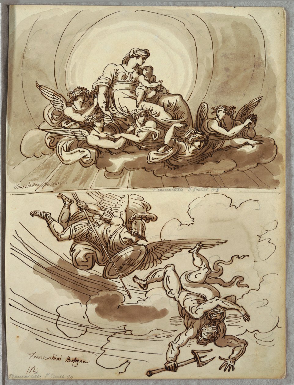Madonna and Child in Glory, Study after Mastelletta; Anjo Gabriel expulsando Lúcifer do céu, estudo após Marcantonio Franceschini de Unbekannt