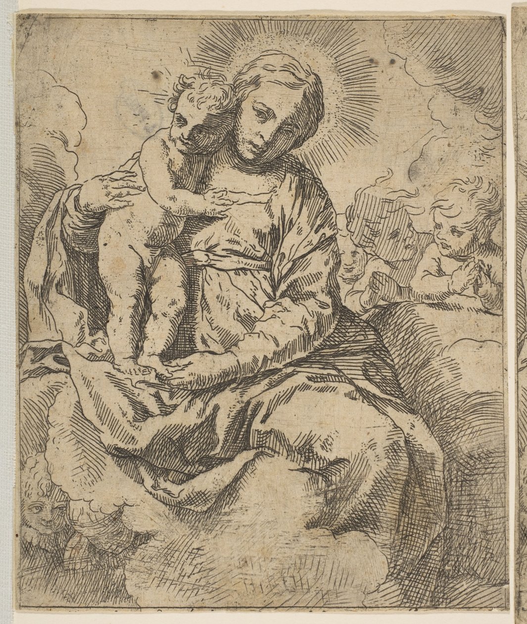 Madonna e Child sentados nas nuvens e cercados por anjos, copiam ao contrário a ..., ca.1639 ou depois. de Unbekannt