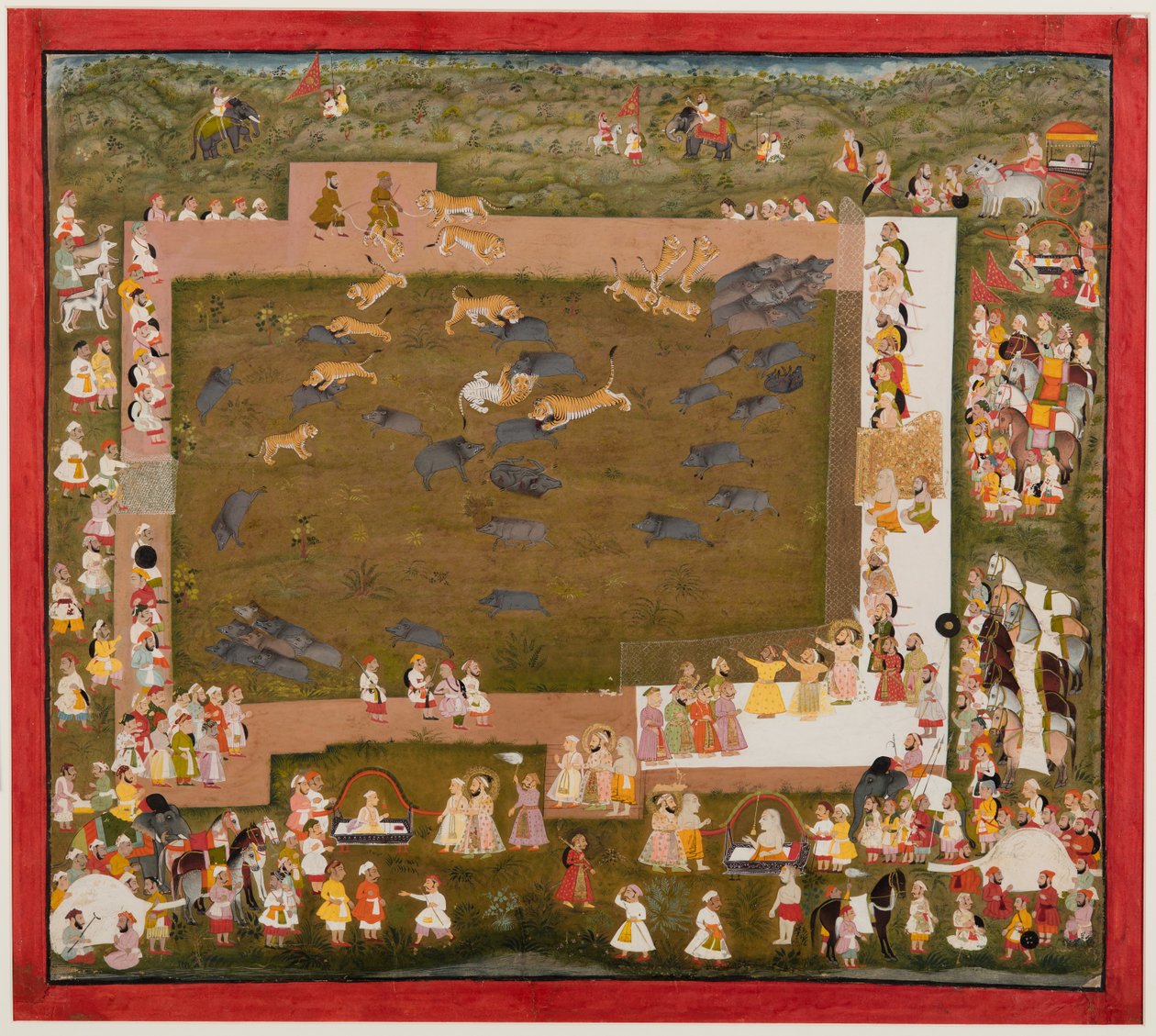 O marajá Sangram Singh e sua corte observam uma luta entre tigres e javalis em Sadri, c. 1720 de Unbekannt