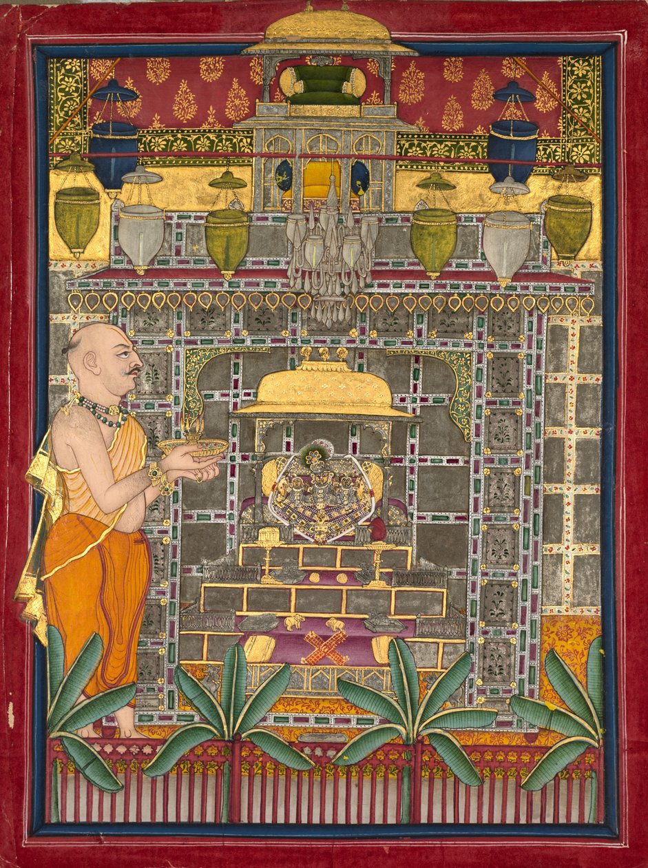 Maharao Kishor Singh vestido como um padre Vallabha adorando Krishna como Brijrajji, em meados do século XIX. de Unbekannt