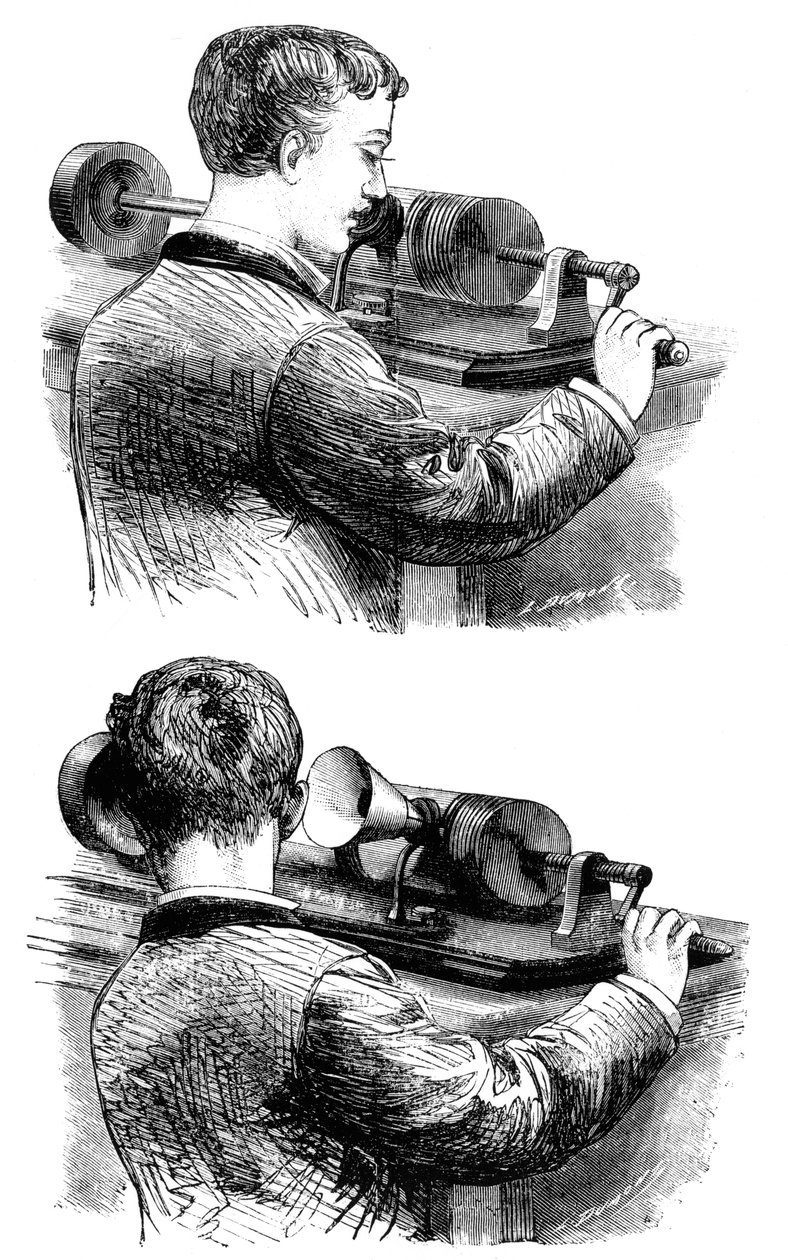 Gravando e ouvindo o primeiro Edison Phonograph, 1878 de Unbekannt