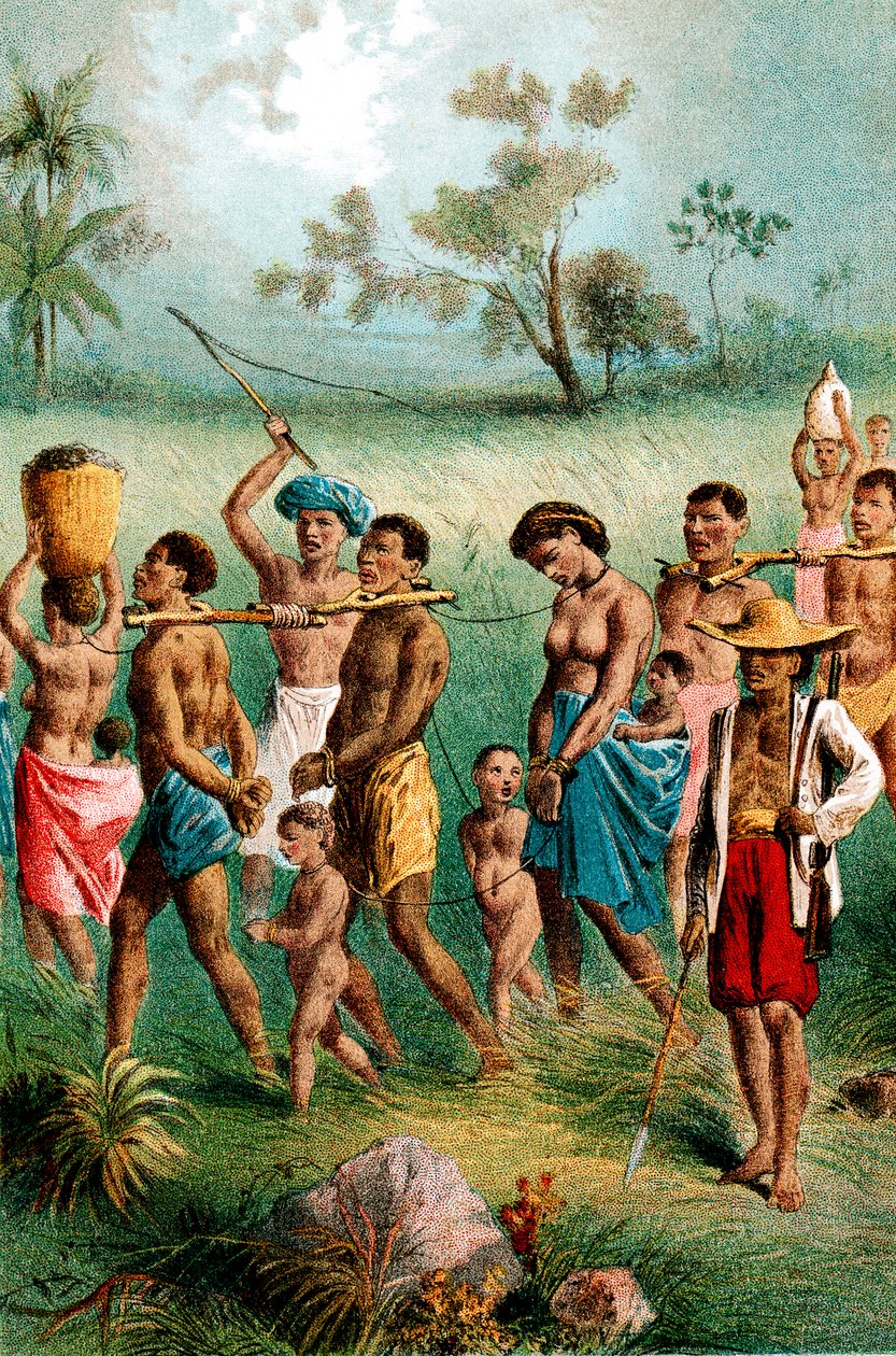 Cativos masculinos, femininos e infantis levados à escravidão por comerciantes de escravos árabes, c1875 de Unbekannt