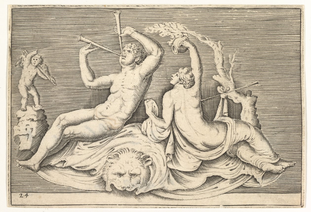 Homem tocando duas flautas e mulher em Lionskin, publicado ca. 1599-1622. de Unbekannt