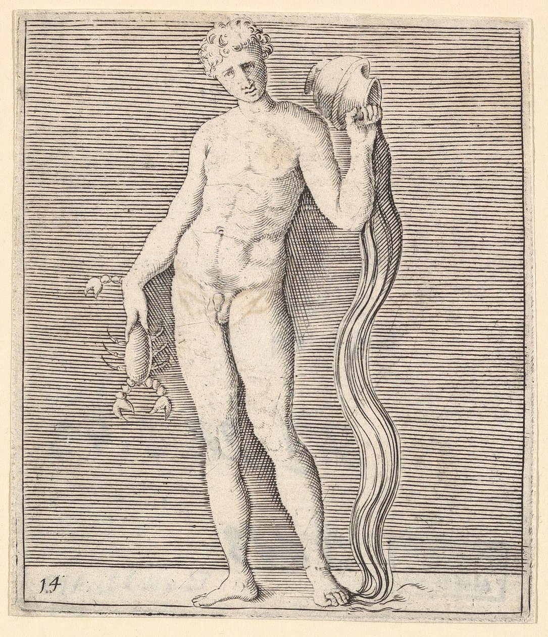 Homem com lagostim e urna de água, publicado ca. 1599-1622. de Unbekannt