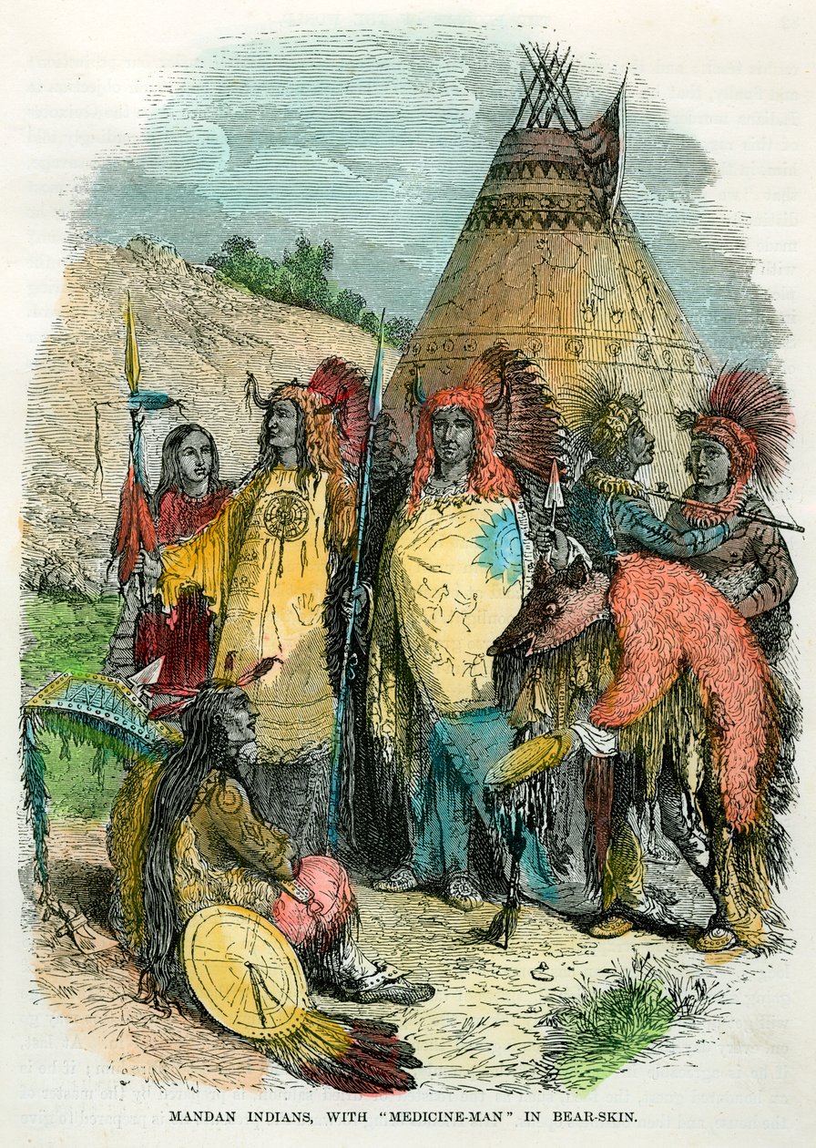 Índios Mandan, com curandeiro na pele de urso, c1875 de Unbekannt