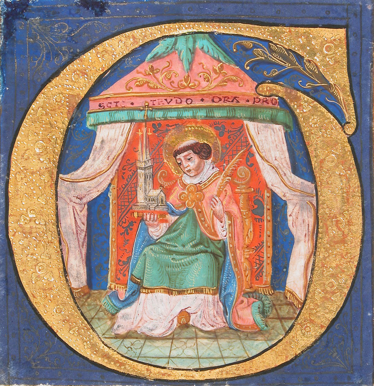 Iluminação manuscrita com São Trudo Trond em O inicial, de um Livro de Coro, séc. XV. de Unbekannt