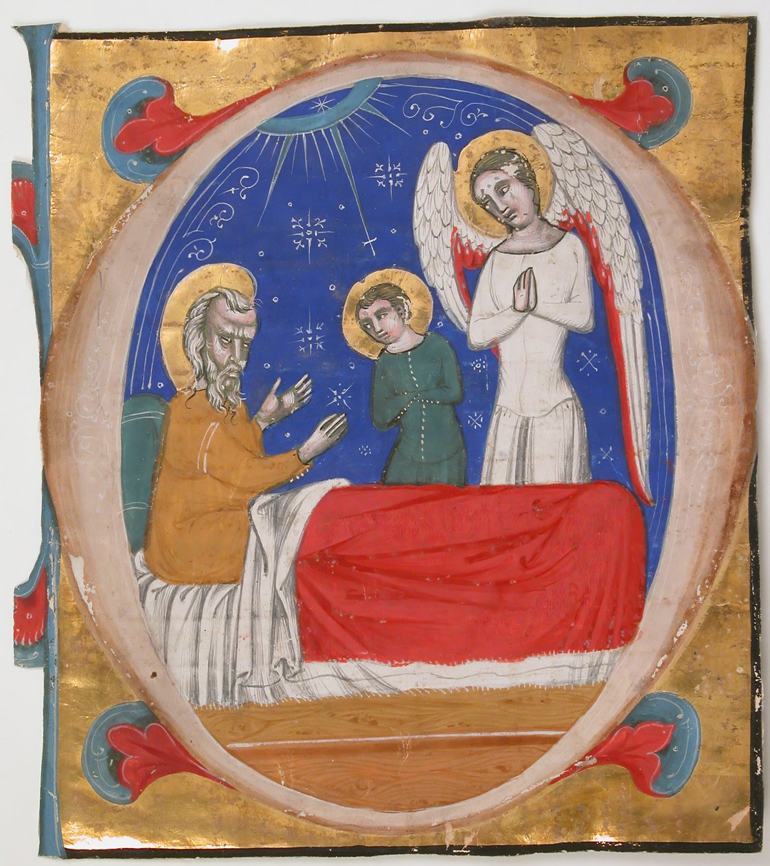 Iluminação do manuscrito com Tobit, Tobias e o Arcanjo Rafael em um livro inicial ..., meados do século 14 de Unbekannt