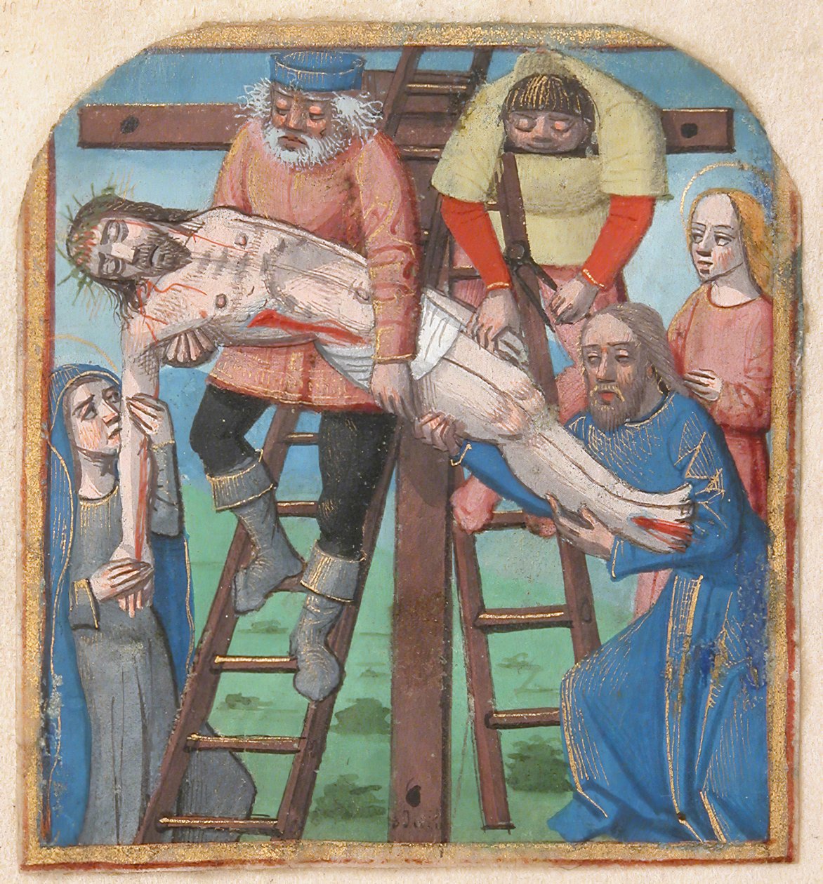 Iluminação manuscrita com a descida da cruz, de um livro de horas, final do século XV. de Unbekannt